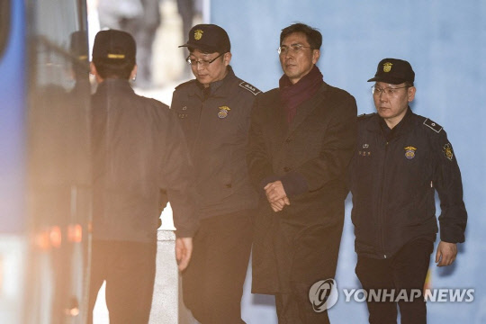 지위이용 비서 성폭력 혐의로 2심에서 실형을 선고받은 안희정 전 충남지사가 지난 2019년 2월 1일 서울중앙지법에서 호송차에 오르고 있다.<연합뉴스>